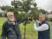Reiner Knerr vom Obst- und Gartenbauverein und Bürgermeister Michael Maas an einem Quittenbaum auf der Streuobstwiese in der Turnstraße. Foto: Müller