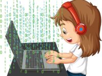 A girl using laptop with binary code