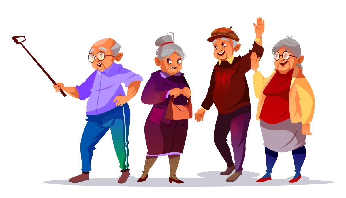 Old people making photo selfie vector illustration