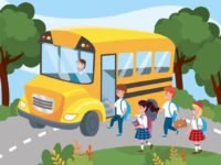 driver inside school bus with girls and boys students