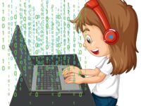A girl using laptop with binary code